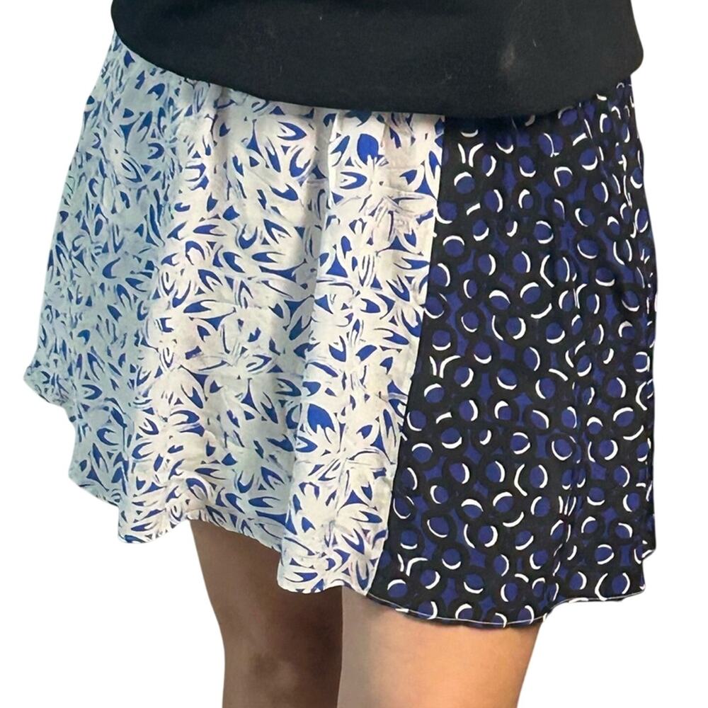 Maeve- Silk small Mini skirt- flowy- stretchy waist- blue white - maximalist